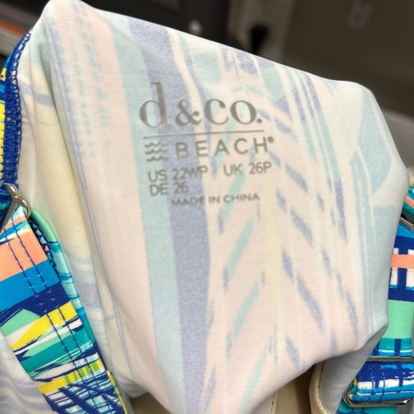 Denim & Co. Beach V-Neck Ruched Waist Swim Dress 22W A634759 Blue Stripe Palm - Picture 11 of 15